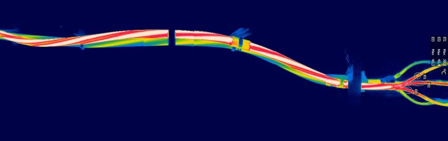 Análise de termograma com diversas paletas para entender pontos de aquecimento em cabo trifásico